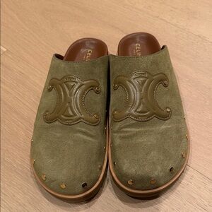 Celine Khaki Suede Mules with Leather Detail